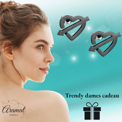 Stainless Steel Heart Arrow Earrings Black 9x8mm