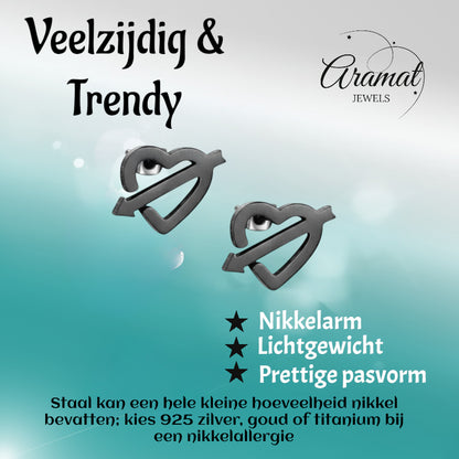 Stainless Steel Heart Arrow Earrings Black 9x8mm