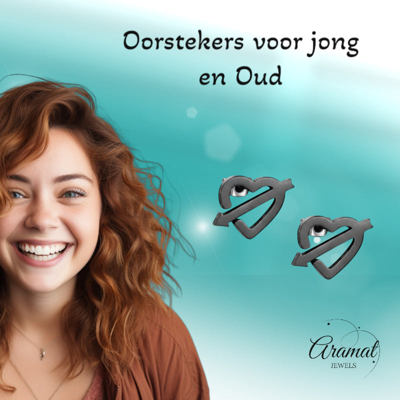 Stainless Steel Heart Arrow Earrings Black 9x8mm