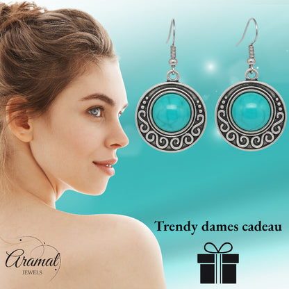 Boho Turquoise Marbled Earrings Antique Silver