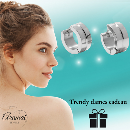 Steel Earrings Silver Color Accent – ​​13x7mm Huggies 