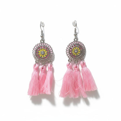 Summer Boho Earrings Tassels Pink 75mm