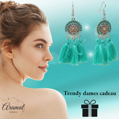Boucles d'oreilles bohèmes d'été à pompons, couleur menthe, 75 mm