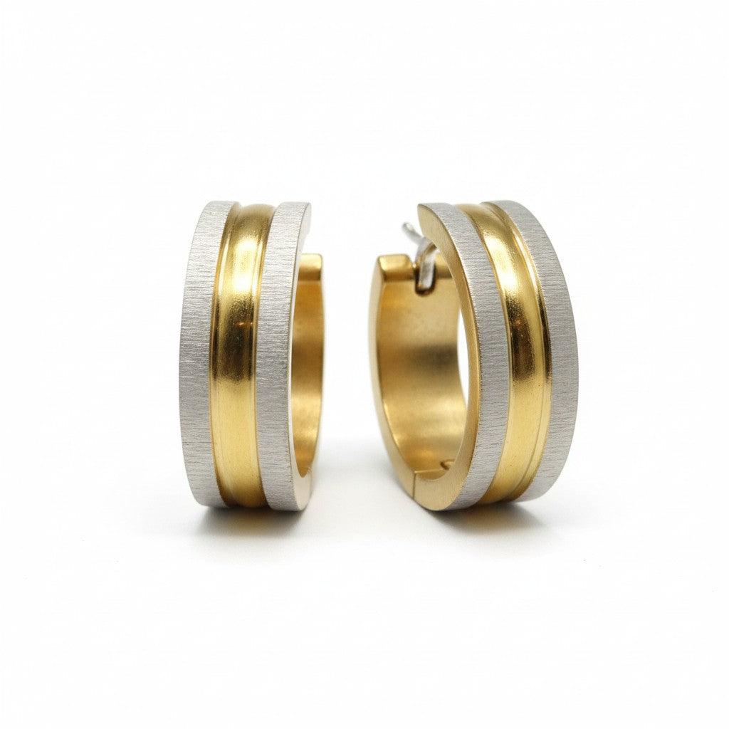 Earrings – Matte Bicolor Stainless Steel Silver/Gold Stripes (20x7mm) 