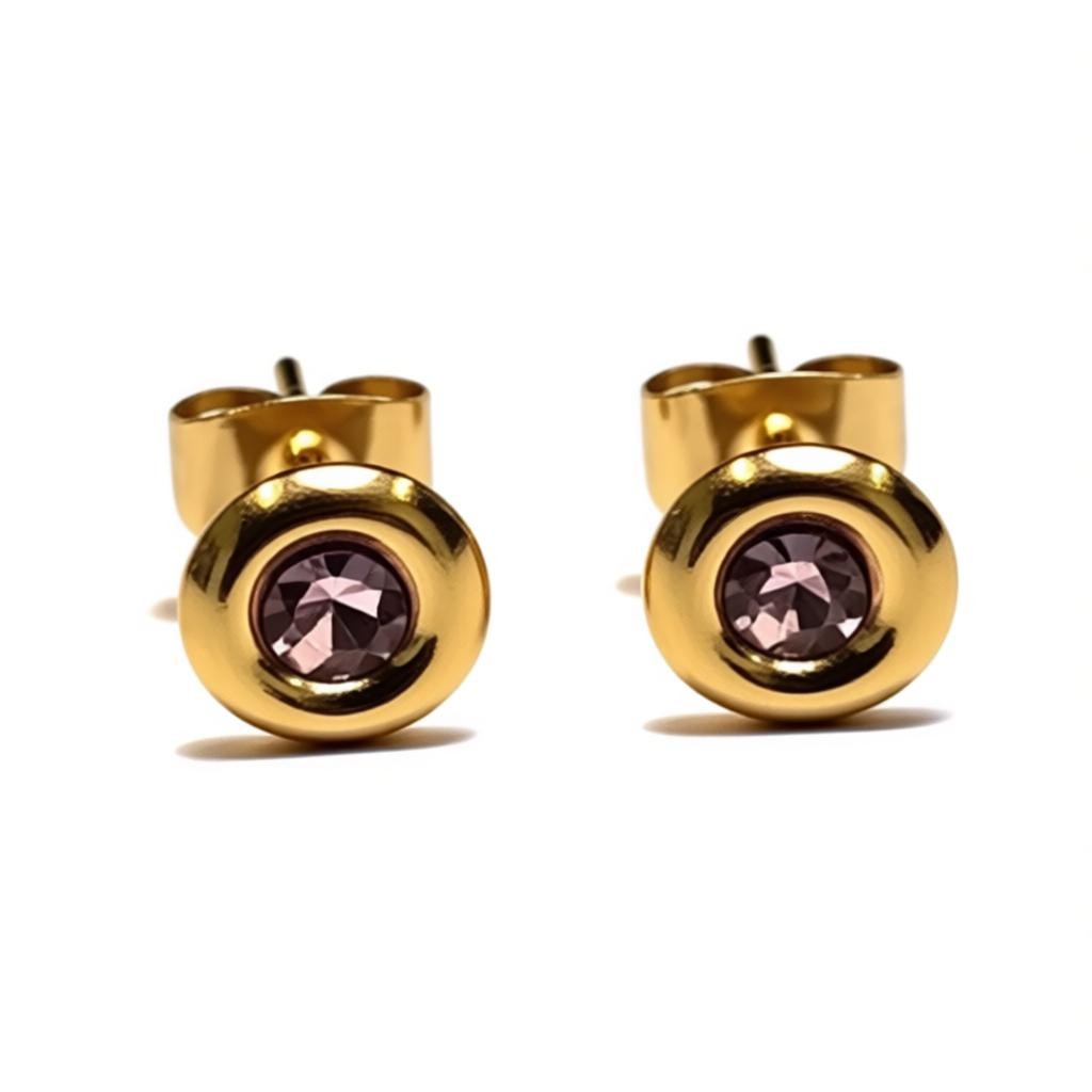 Earrings – Stainless Steel Gold-Colored with Pink Crystal (8mm) 
