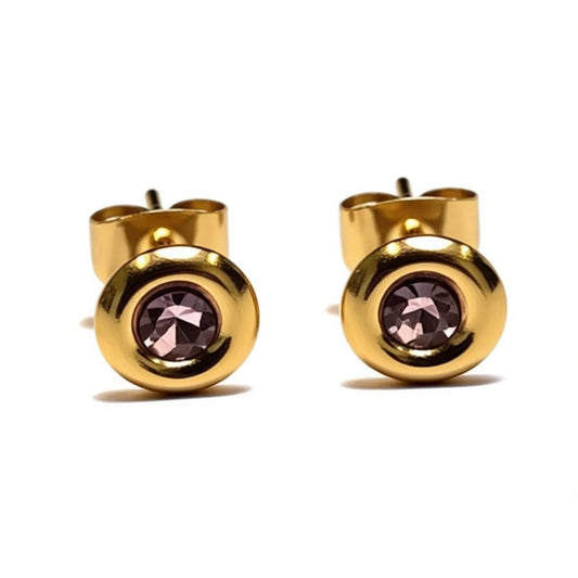 Earrings – Stainless Steel Gold-Colored with Pink Crystal (8mm) 