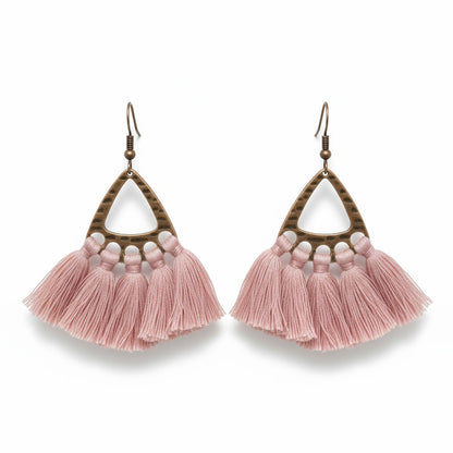 Boucles d'oreilles bohèmes à pompons roses 55x30mm