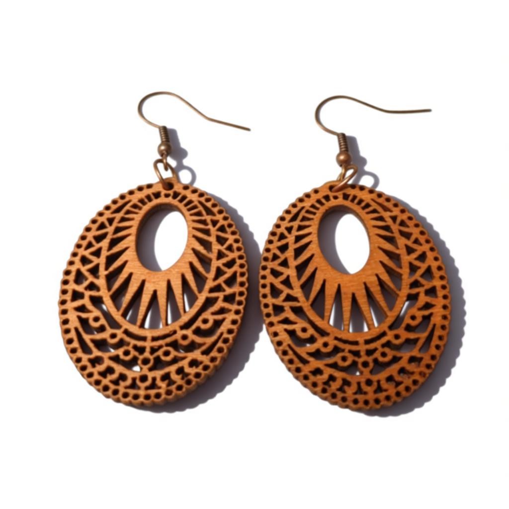 Boucles d'oreilles – Boucles d'oreilles élégantes en bois ovale, motif travaillé marron, pour femme 