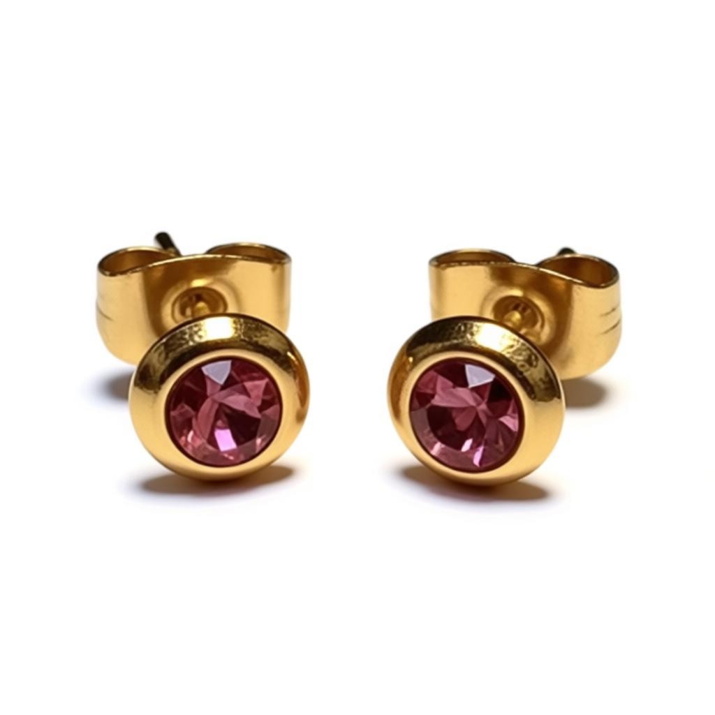 Stud Earrings – Stainless Steel Gold Colored with Pink Crystal (6mm) 
