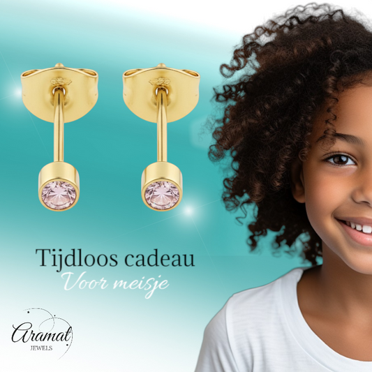 Mini clous d'oreilles en zircon rose - couleur or 