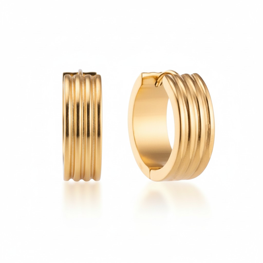 Hoop Earrings – Stainless Steel Gold Color with Triple Stripes (13mm or 20mm)
