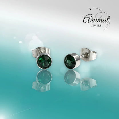 Boucles d'oreilles puces – Acier cristal vert argent (5 mm) 
