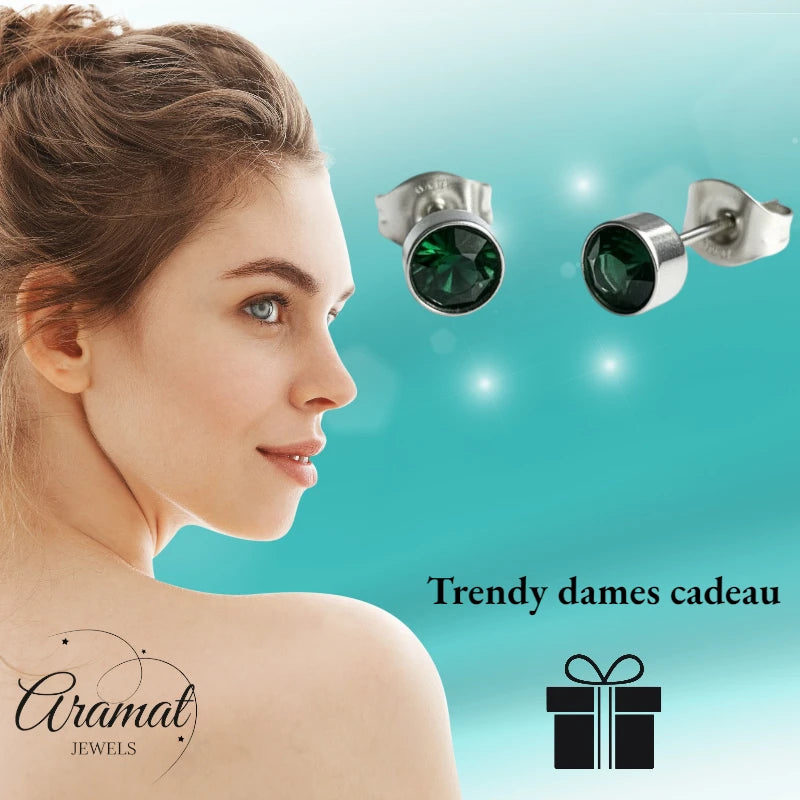 Boucles d'oreilles puces – Acier cristal vert argent (5 mm) 