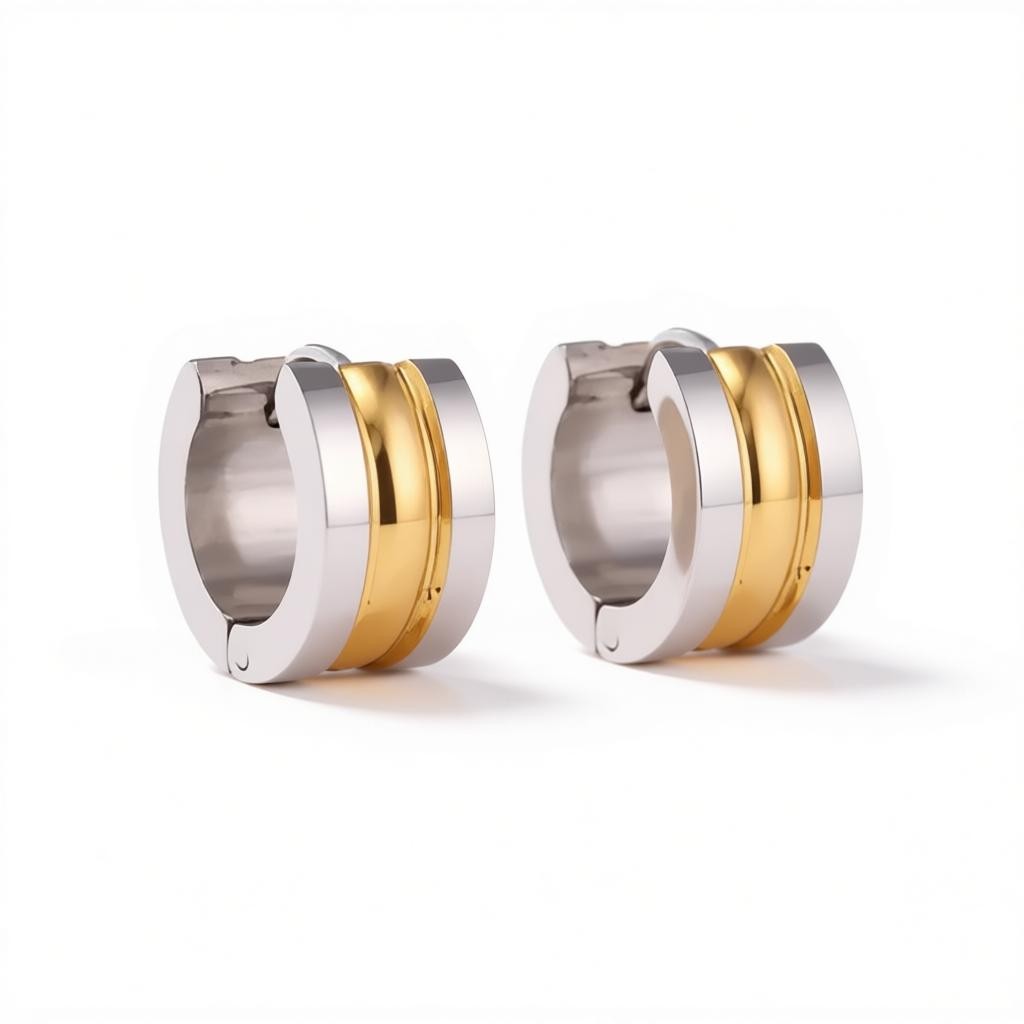 Bicolor Steel Earrings with Two Semicircular Stripes