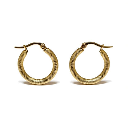 Steel hoop earrings with diamond pattern, gold color