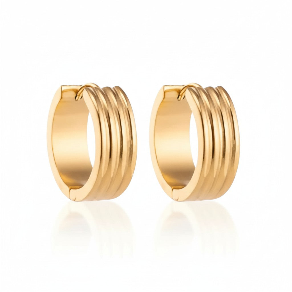Hoop Earrings – Stainless Steel Gold Color with Triple Stripes (13mm or 20mm)