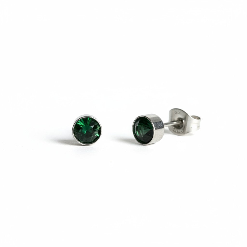 Boucles d'oreilles puces – Acier Cristal Vert foncé Argent (5 mm) 