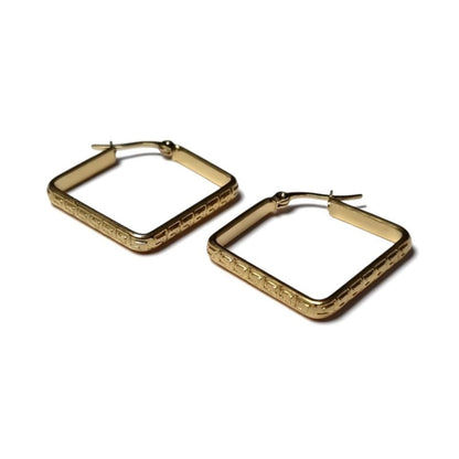 Steel Square Greek Motif Hoop Earrings
