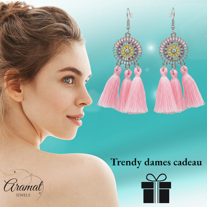 Summer Boho Earrings Tassels Pink 75mm