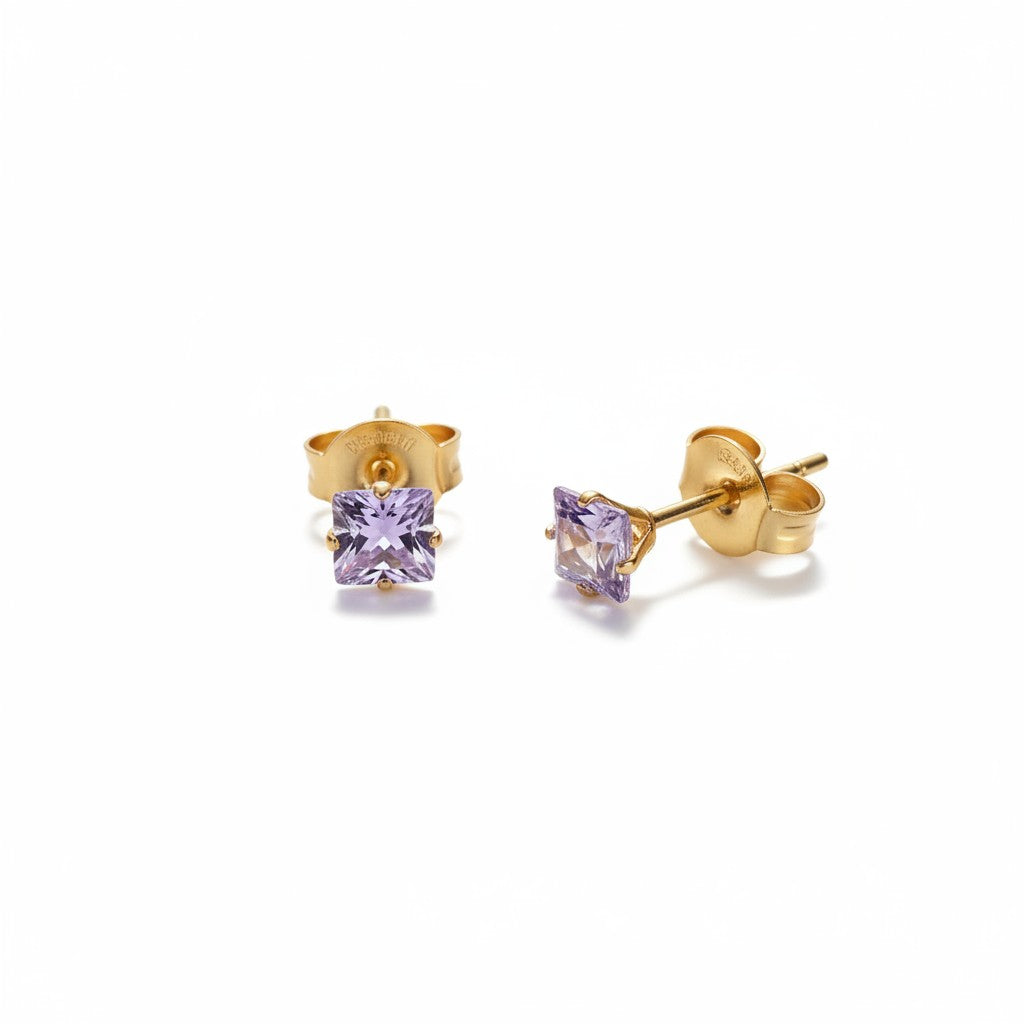 Earrings – Stainless Steel Gold Color with Purple Square Zirconia (5mm) 