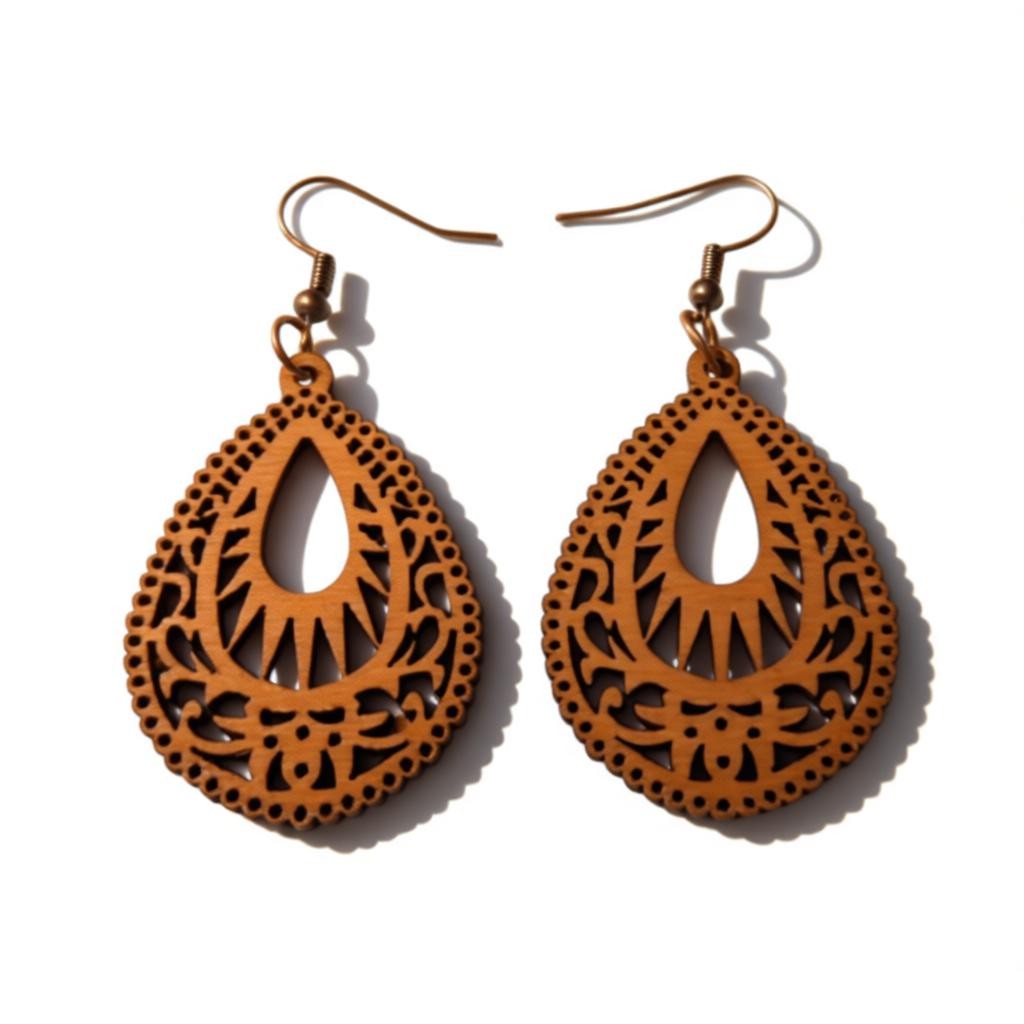 Earrings – Elegant Wooden Earrings Drop Shape Brown Elaborate Motif Women 