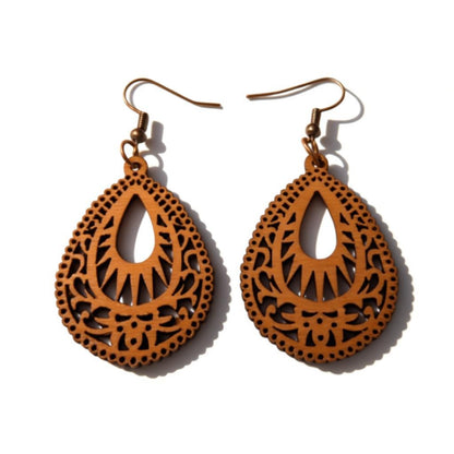 Earrings – Elegant Wooden Earrings Drop Shape Brown Elaborate Motif Women 