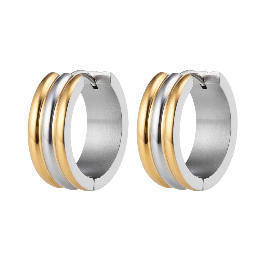 Boucles d'oreilles créoles pliables – Acier inoxydable bicolore à rayures dorées et argentées (13 mm)