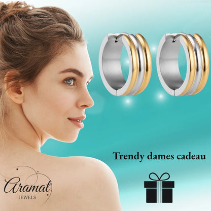 Boucles d'oreilles créoles pliables – Acier inoxydable bicolore à rayures dorées et argentées (13 mm)