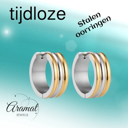 Boucles d'oreilles créoles pliables – Acier inoxydable bicolore à rayures dorées et argentées (13 mm)