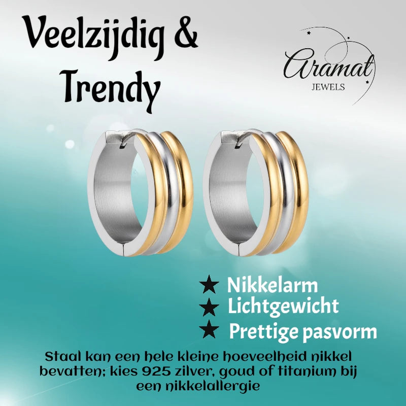 Boucles d'oreilles créoles pliables – Acier inoxydable bicolore à rayures dorées et argentées (13 mm)