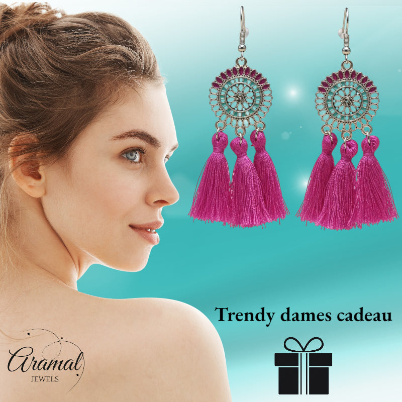 Tassel earrings boho style purple