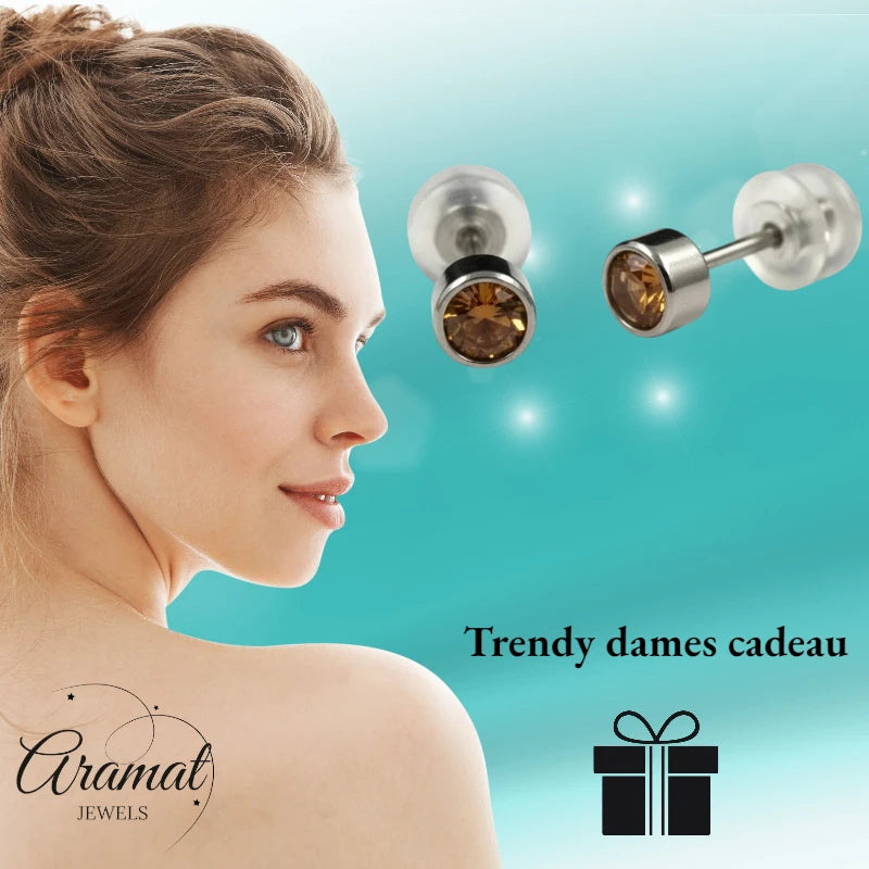 Puces d'oreilles – Acier, cristal, topaze, couleur argent (4 mm) 