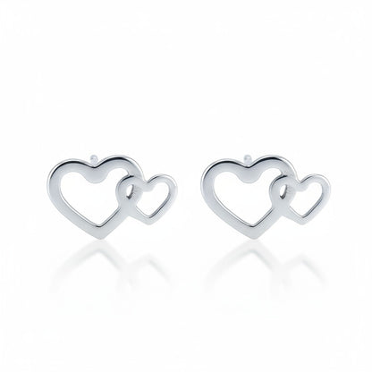 Staal dubbel hart oorstekers zilverkleur 12x8mm met 2 open hartjes, voor de meeste mensen hypoallergeen oorbellen voor dames en kinderen