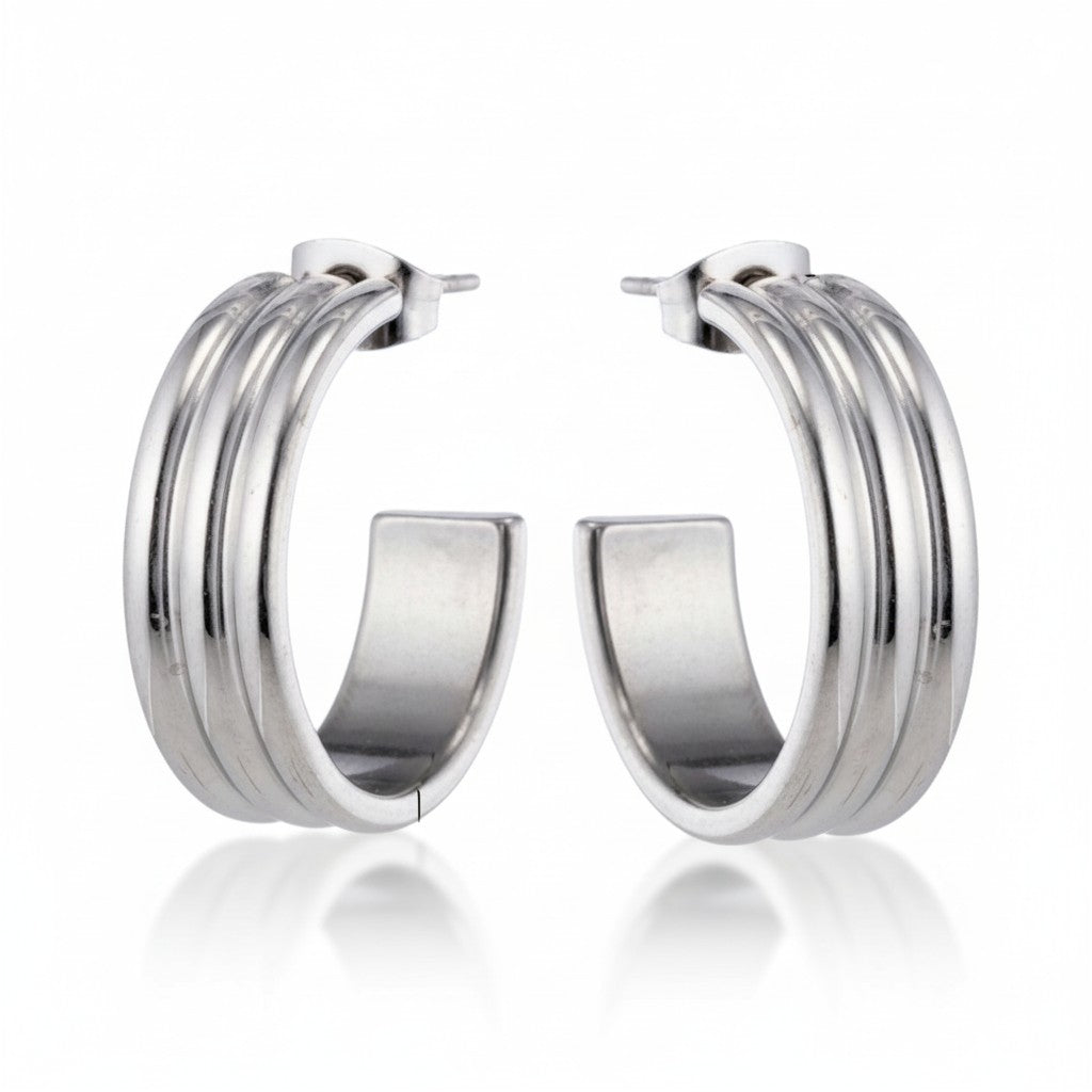 Earrings – 23mm Half-Hoop Stripe Relief on Stainless Steel Silver Color 