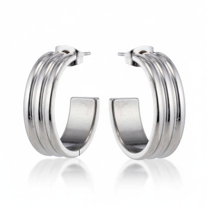Earrings – 23mm Half-Hoop Stripe Relief on Stainless Steel Silver Color 