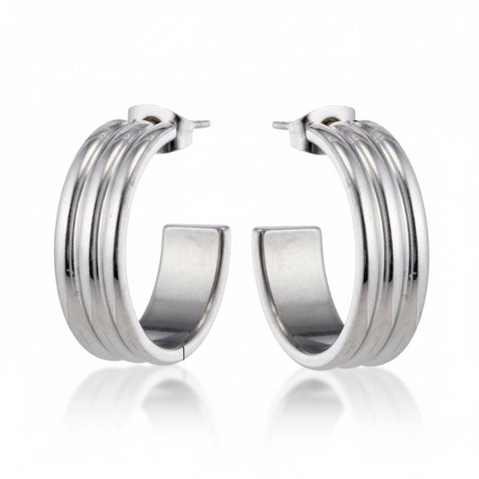 Earrings – 23mm Half-Hoop Stripe Relief on Stainless Steel Silver Color 