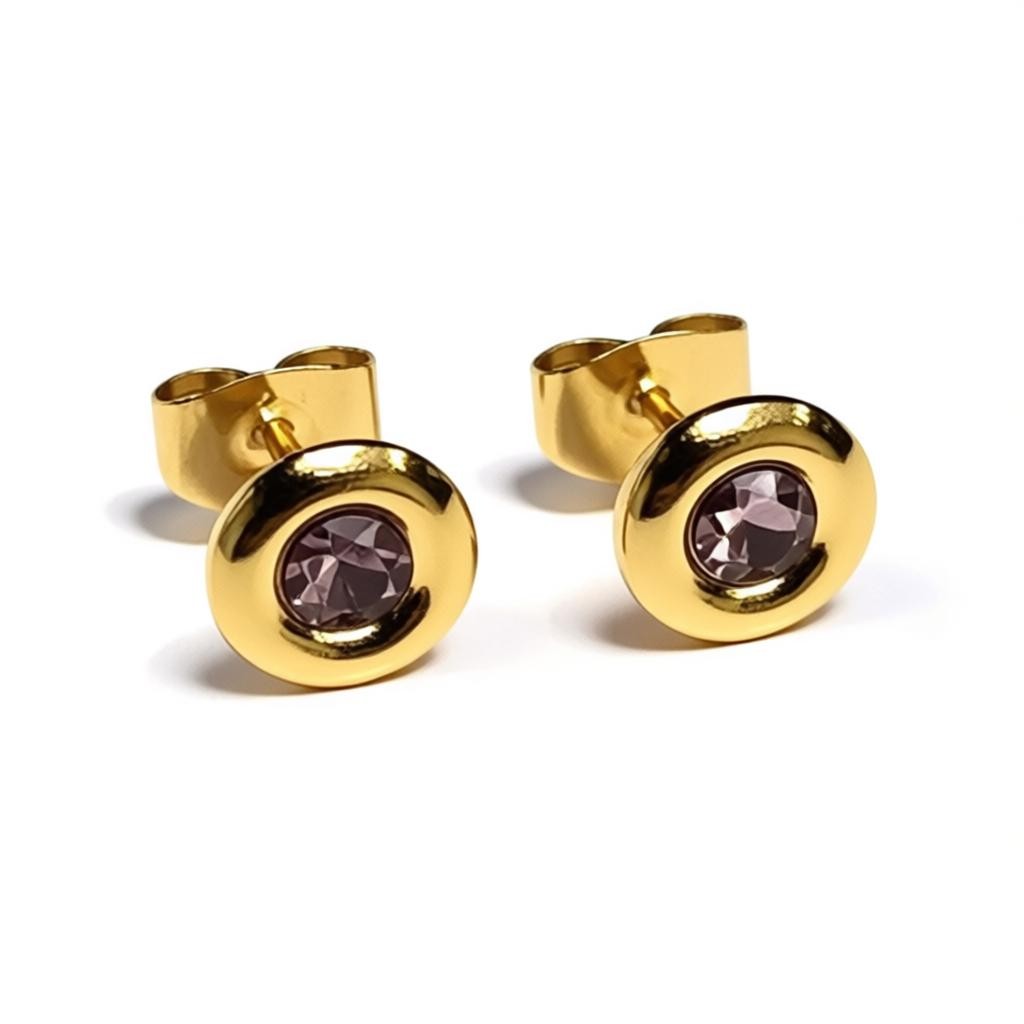 Earrings – Stainless Steel Gold-Colored with Pink Crystal (8mm) 