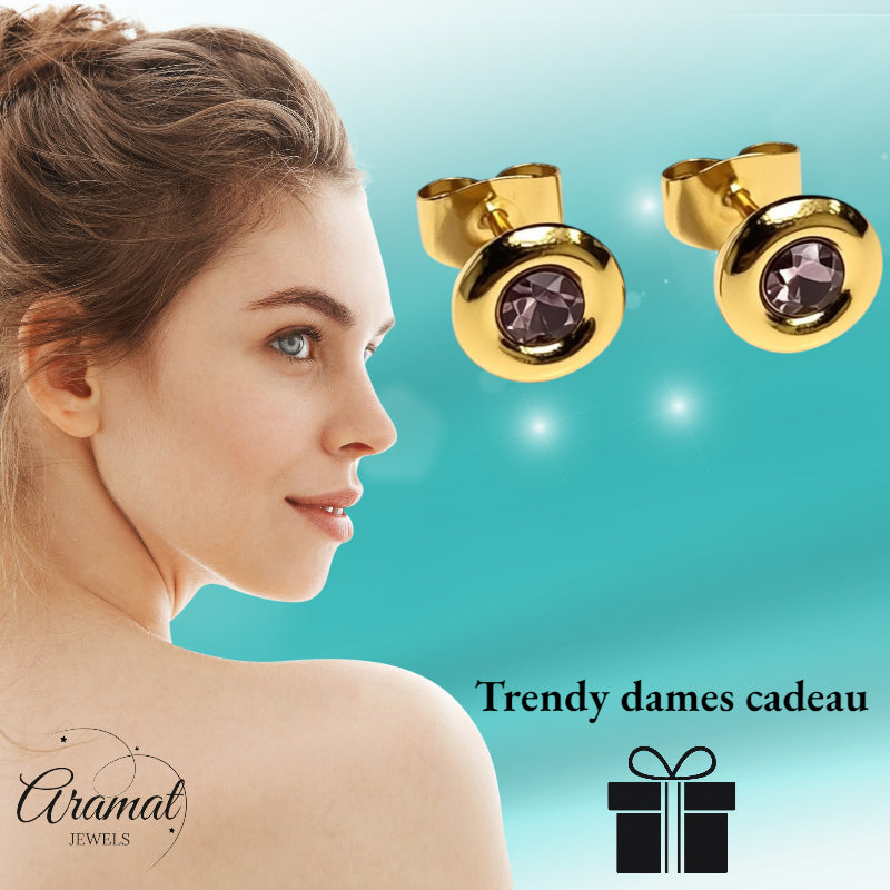 Earrings – Stainless Steel Gold-Colored with Pink Crystal (8mm) 