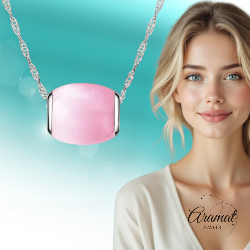 Silver Necklace with Pink Cat's Eye Stone