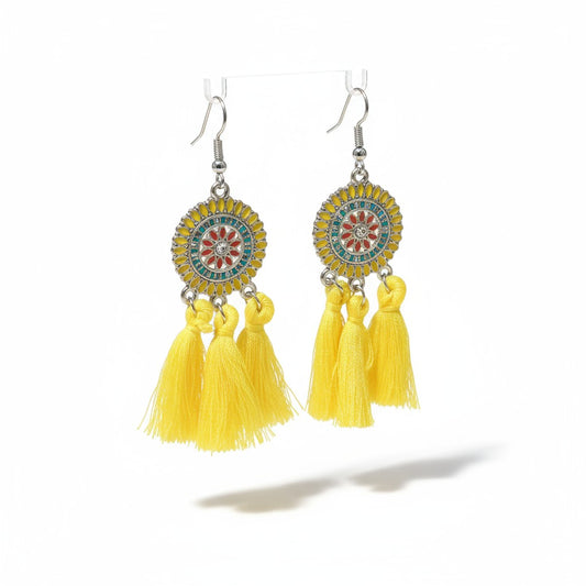 Summer Boho Earrings Tassels Yellow 75mm