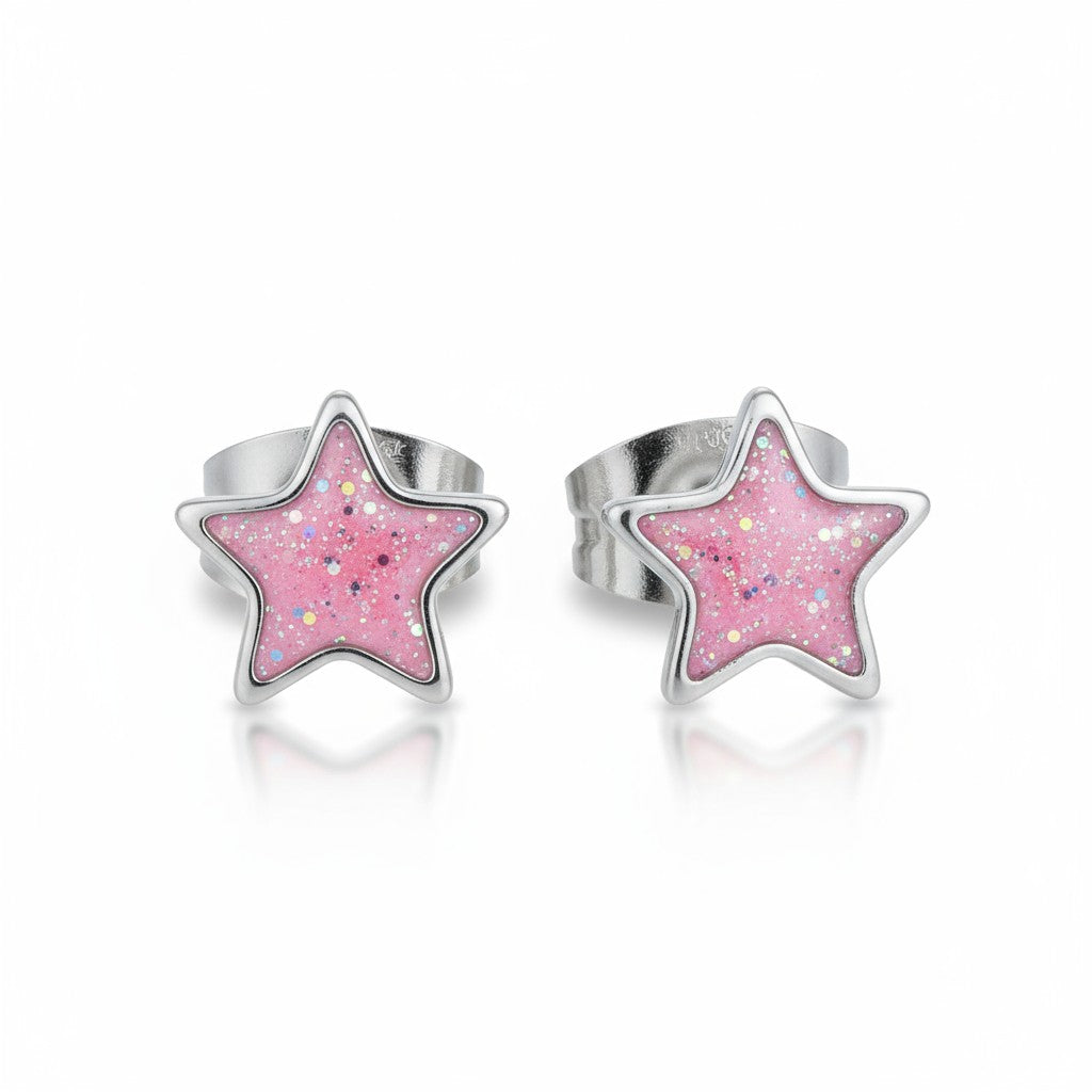 Steel enamel earrings star with glitter 