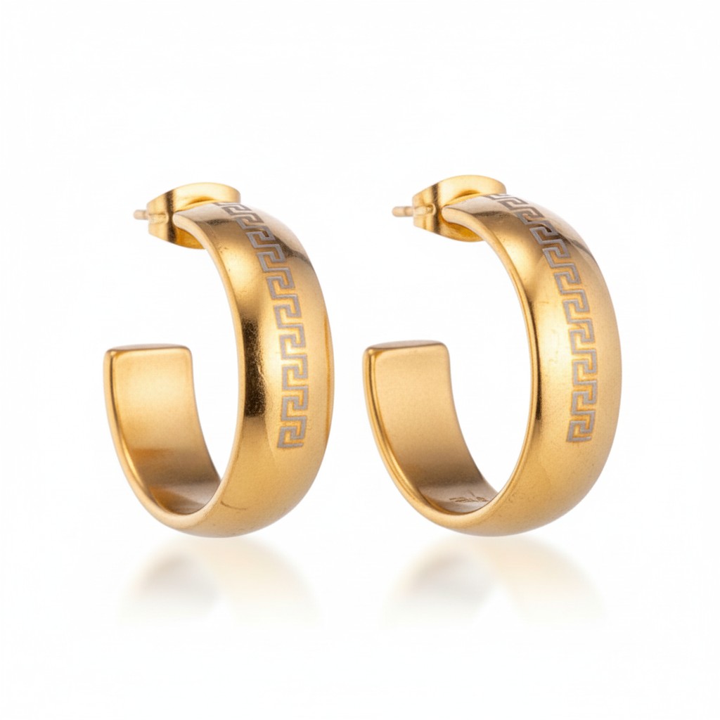 Earrings – 22mm Half-Hoop Greek Motif Stainless Steel Gold Color Lady 