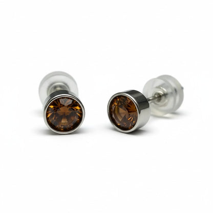 Boucles d'oreilles puces – Acier et cristal, couleur argent brun (5 mm) 