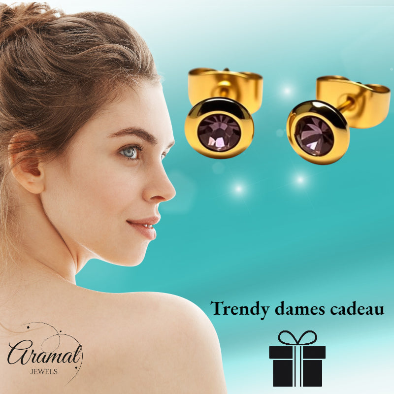 Earrings – Stainless Steel Gold-Colored with Light Purple Crystal (6mm) 