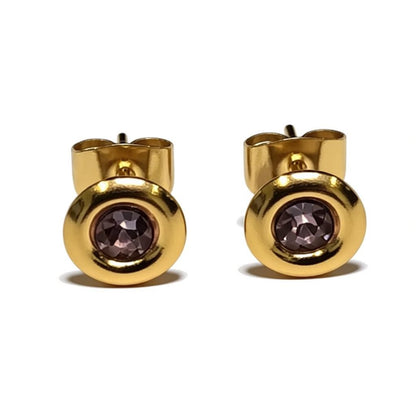 Earrings – Stainless Steel Gold-Colored with Pink Crystal (8mm) 