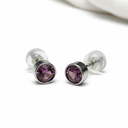 Boucles d'oreilles puces – Acier Cristal Violet clair Argent (5 mm) 