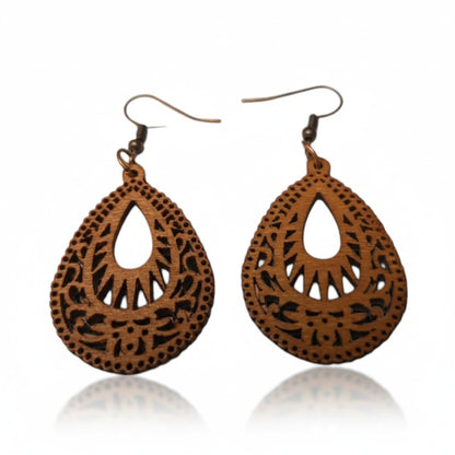 Earrings – Elegant Wooden Earrings Drop Shape Brown Elaborate Motif Women 