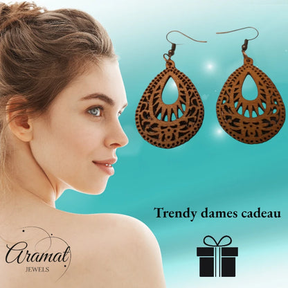 Earrings – Elegant Wooden Earrings Drop Shape Brown Elaborate Motif Women 