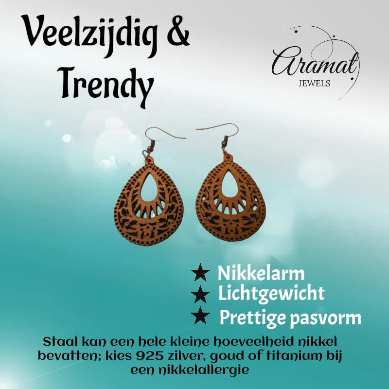 Earrings – Elegant Wooden Earrings Drop Shape Brown Elaborate Motif Women 