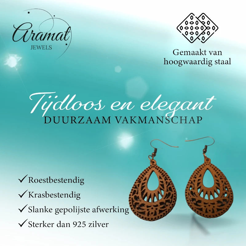 Earrings – Elegant Wooden Earrings Drop Shape Brown Elaborate Motif Women 